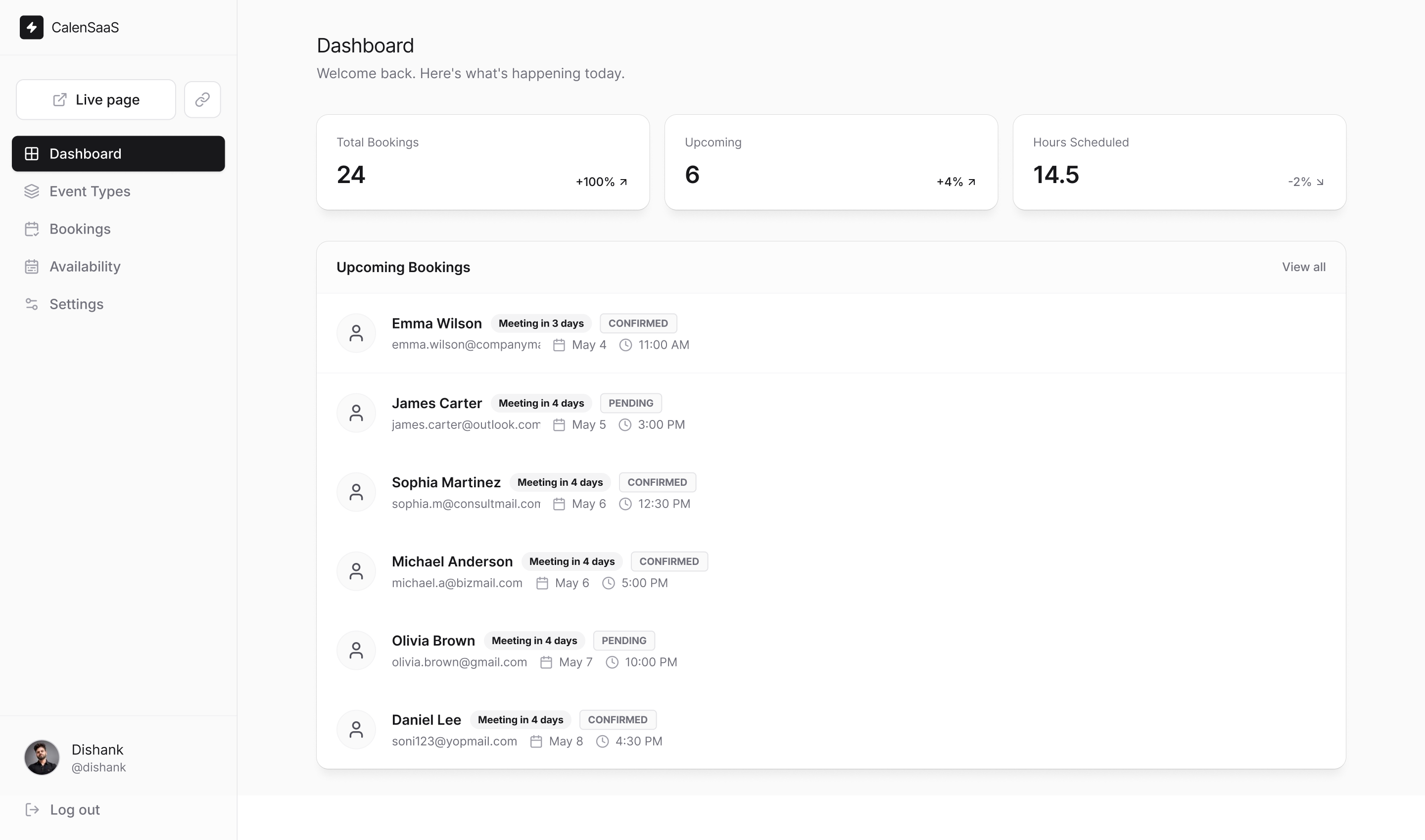 TinyMeet Dashboard Mockup
